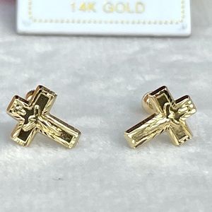 Solid Gold 14 Karat Yellow 6x11mm Religous Cross Stud Earring